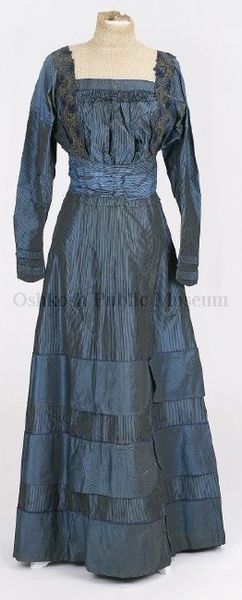 Dress  ID:7471-9  1908 to 1912  "Dress of iridescent peacock-blue-colored silk with white pin strip…