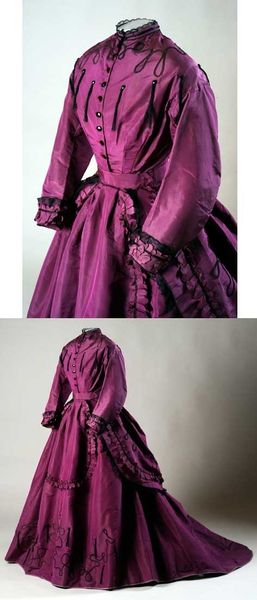 ca. 1869, creator unknown. 2-piece purple silk faille dress with black looped braid, black lace, an…