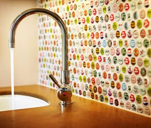 bottle cap back splash. Would be really cool for a bar in a game room.
