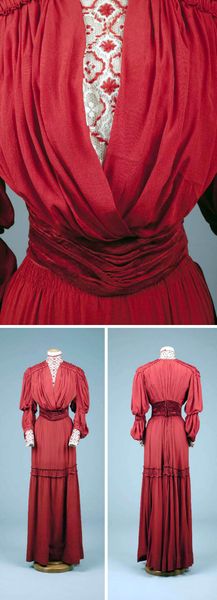 Red crêpe de chine 2-piece day dress, ca. 1904-06. Red velvet cummerbund. Cap sleeves, horizontal …