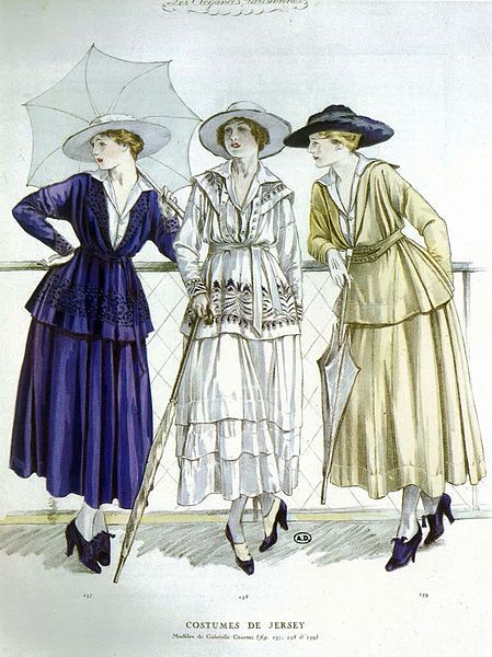 Illustration published in Les Elegances parisiennes, March 1917:  These jersey outfits by Chanel ar…