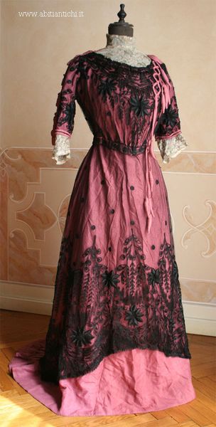 Two piece dress, burgundy silk and black tulle  Made by Marshall and Snelgrove of Harrogate  c. 1909