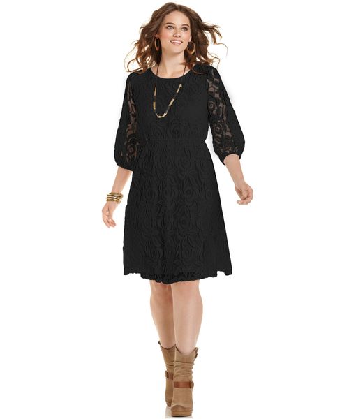 ING Plus Size Three-Quarter-Sleeve Lace Dress - Dresses - Plus Sizes - Macy's