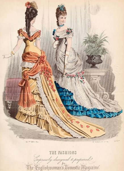 I like the draping sash; January ballgowns, 1876 England, The Englishwoman’s Domestic Magazine