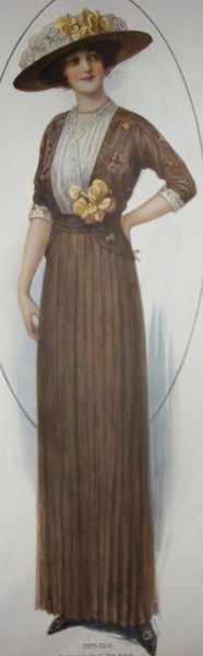 1913 brown dress, white lace crossover under blouse