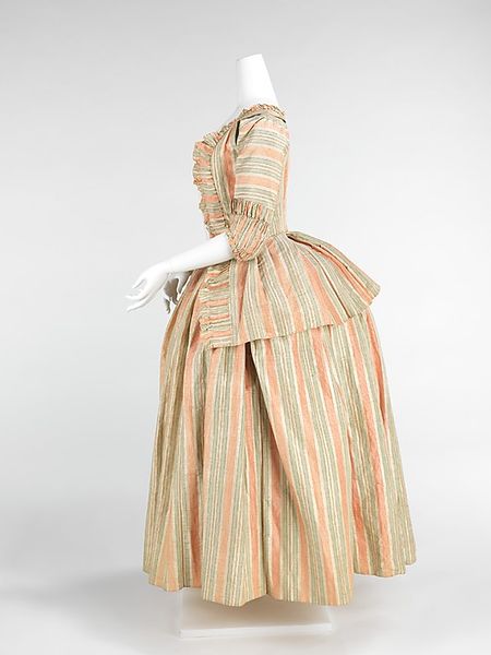 Dress 1775, French, silk:"This is an example of one form of dress which became acceptable in the la…