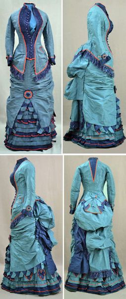 Two-piece dress, 1870 (I think a bit later...). Pale blue silk. Bodice has button-down front with t…