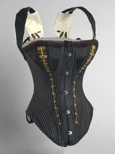 1890 Woman's Corset and Shoulder Braces,Black and off-white cotton sateen, brown cotton lace, brown…