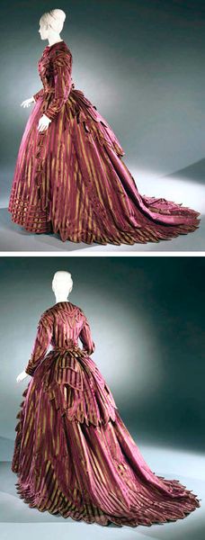 Day dress, American, ca. 1870. Three pieces: bodice, skirt, bustle drape. Striped silk satin and si…