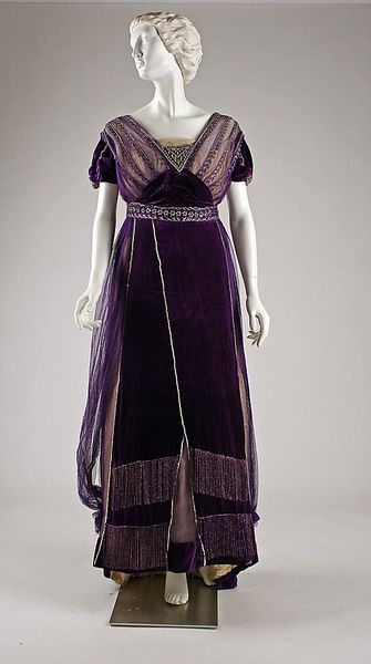 Beaded and embroidered purple silk velvet and chiffon evening gown by House of Worth (front), Frenc…