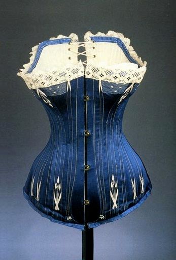 Corset in blue silk, circa 1890.