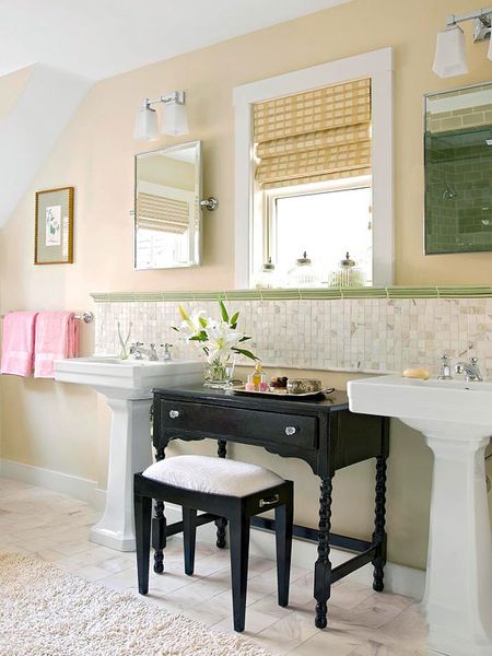 Freestanding furniture in the bath adds character...