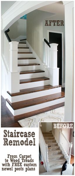 Staircase makeover, removing carpet, custom newel posts remodelaholic.com #staircase #wood_stairs #…