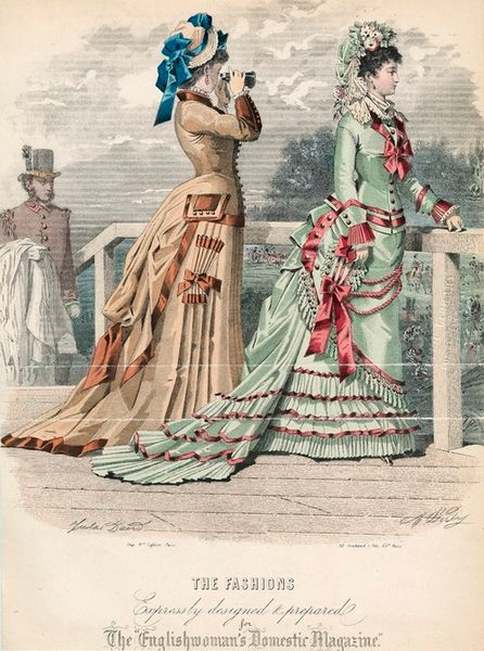 May promenade fashions with parasol pockets, 1876 England, The Englishwoman’s Domestic Magazine