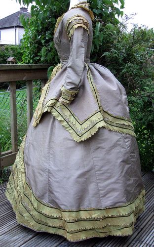 Antique Victorian Steel Grey Green Silk Early Bustle 3 Piece Dress Gown 1868 XS