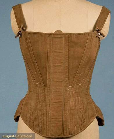 Augusta Auctions, November 2009 Museum Fashion & Textile Sale,  Hand Made Khaki Coutil Corset, C. 1…