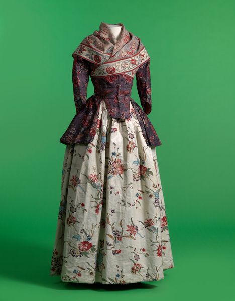 A late 18th century Indian chintz jacket and shawl, paired with a European skirt in glazed printed …