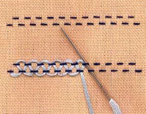 step by step illustration: stepped threaded running stitch