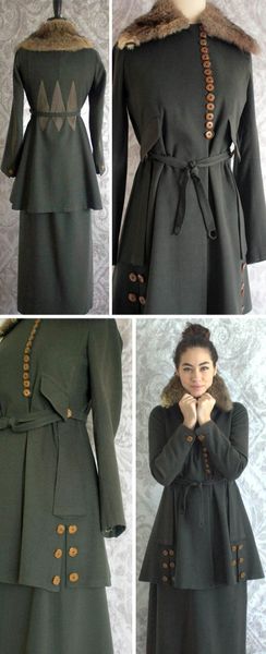 Suit ca. 1910-15. Dark green wool jacket & skirt. Wooden buttons down front & on cuffs. Slit on eac…