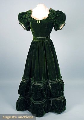 GREEN VELVET EVENING DRESS, 1830s