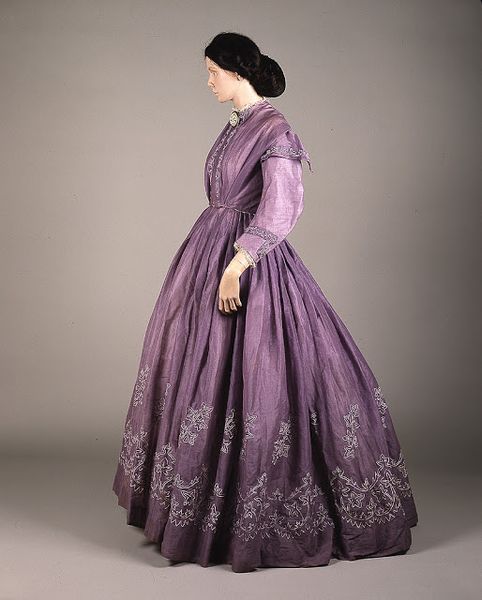 Lilac-colored tamboured muslin day dress from the 1860s, probably made in Glasgow, Scotland.