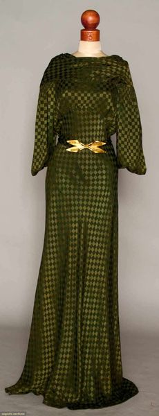 OLIVE SILK EVENING GOWN, MID 1930s
