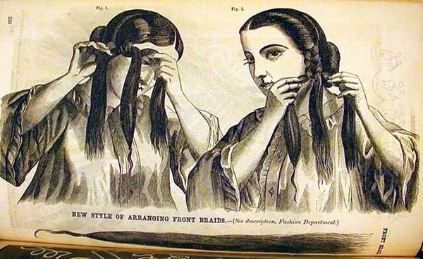 Sept 1862, how to add false piece to side hair braids instructions:     "The front hair instead of …
