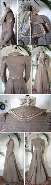 Two-piece walking dress ca. 1899. Bodice has very elaborate collar including stitched applications,…