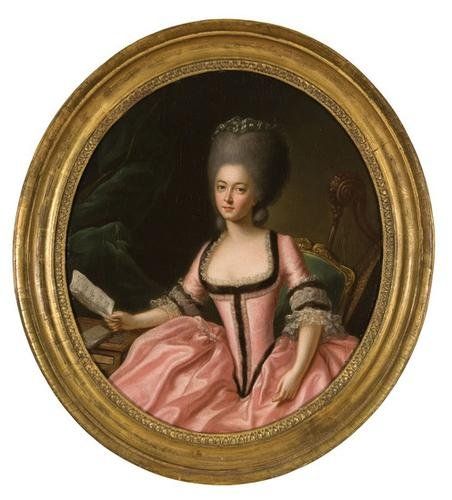 Francis Alleyne (active 1774-1790). Portrait of a lady in a pink dress with a sheet of music