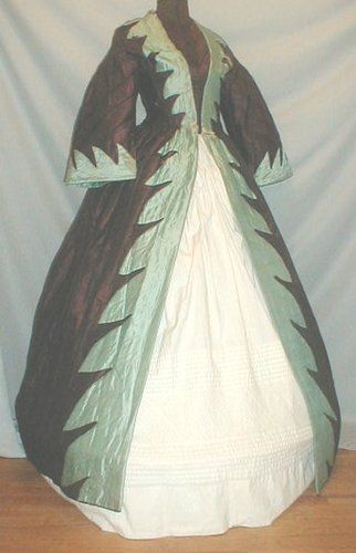 An extravagant 1860’s brown silk and blue satin robe that has recently been de-accessioned from t…
