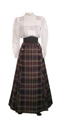 Front view of Edwardian walking skirt.  Made of 5 panels with 5 knife pleats at each side of the fr…