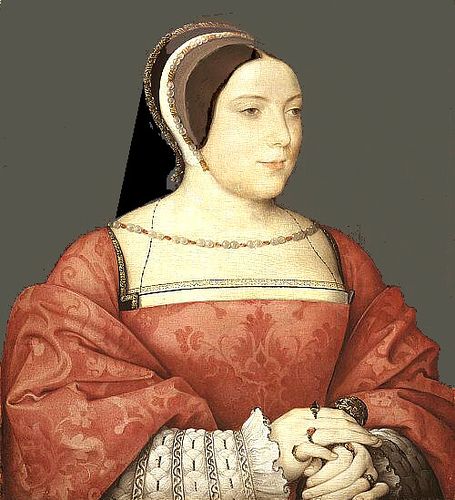 EXCERPT: 'Circa1525 French. This lady wears a red brocade gown. The sleeves are turned back very hi…