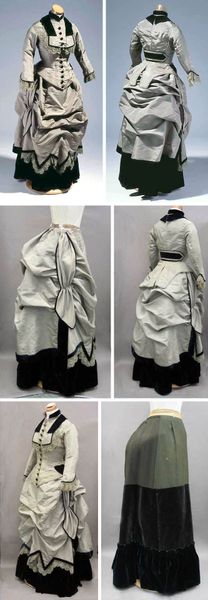 Three-piece bustle dress (jacket, skirt, underskirt), ca. 1875, of gray faille with underskirt and …