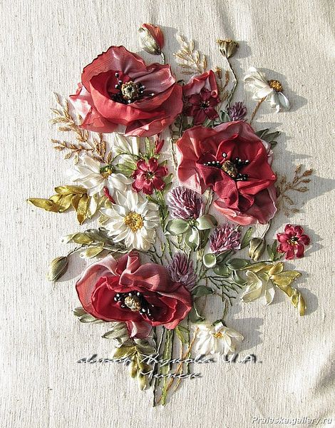 Red poppies and wildflowers ribbon embroidery.