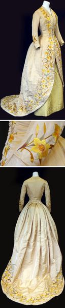 Tea gown, Philadelphia, ca. 1892. Beige silk lined with yellow silk satin; yellow underskirt. Hand-…