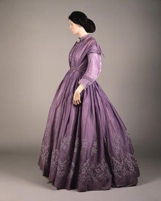 A lilac-coloured tamboured muslin day dress from the 1860s, probably made in Glasgow.
