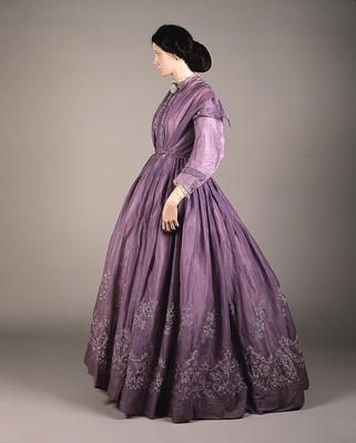 A lilac-coloured tamboured muslin day dress from the 1860s, probably made in Glasgow.