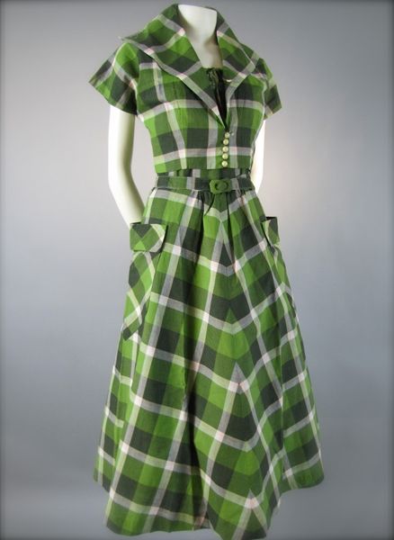 1950s Green Check Patterned Summer Dress and Bolero by Annetta New York.
