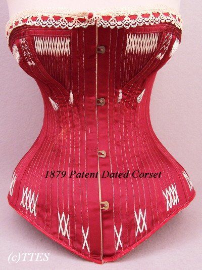 Rare 1879 Patent Dated Red Silk Satin Corset  Lovely Cluny lace & silk floss trim, heavily boned, a…