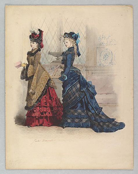 Fashion plate: Two Women in Day Dresses, by Jules David  Date: 1875 Medium: Watercolor  Metropolita…