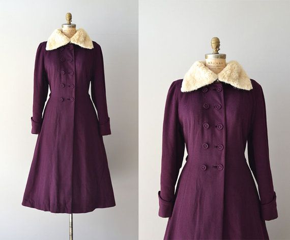 Vintage 1940s aubergine wool princess coat with white sheared fur collar, double breasted wool cove…