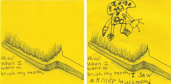 This dad draws half of a picture and starts a sentence on a post-it note, puts it in his kid's lunc…