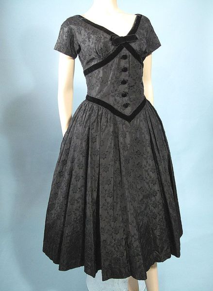1950's Abe Schrader Black Taffeta Brocade Cocktail Dress