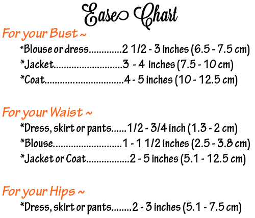 Ease Chart (Good to know) for finished garment measurements.