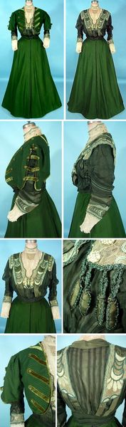 Three-piece walking dress, Metzner, New York, ca. 1906-07. Green ottoman silk/wool blend (probably)…