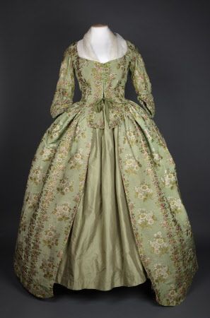 Brocaded silk robe in apple green with flower design, possibly English, 1780.