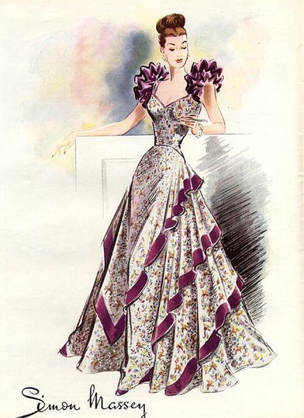 1946: A beautiful 1940s evening gown with oodles of shoulder interest going on.