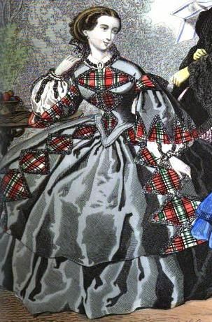 1858. Townsend's monthly selection of Parisian costumes.  Lozenge plaid bordered with ruching.