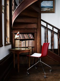 staircase with bookshelf underneath