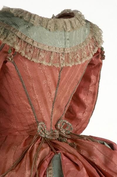 Gown detail, 1775 -1780, Spain. Linen, silk, satin, lace, taffeta, tape [Handpainted]. Round neckli…